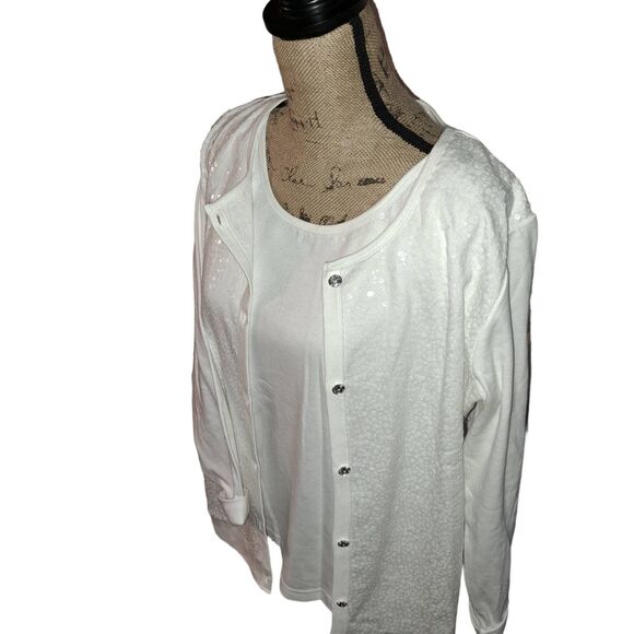 NEW Winter White Quaker factory Cardigan & attached Tee Crystal Buttons Large - Picture 11 of 12